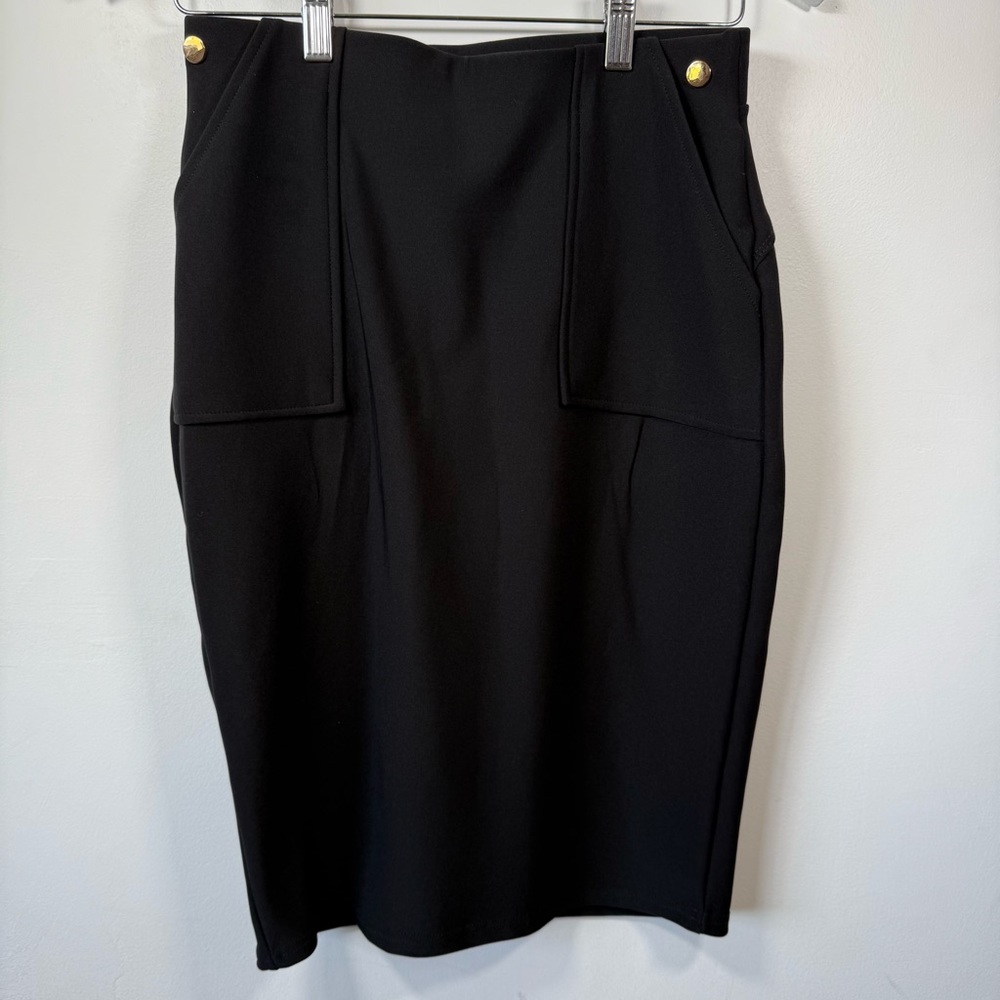 Maze Collection Black Pencil Skirt - Size S- Pockets/Gold Button Details